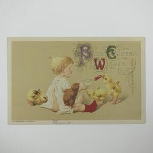 Easter Postcard Blonde Little Boy Feeds Yellow Chicks John Winsch Antique 1910
